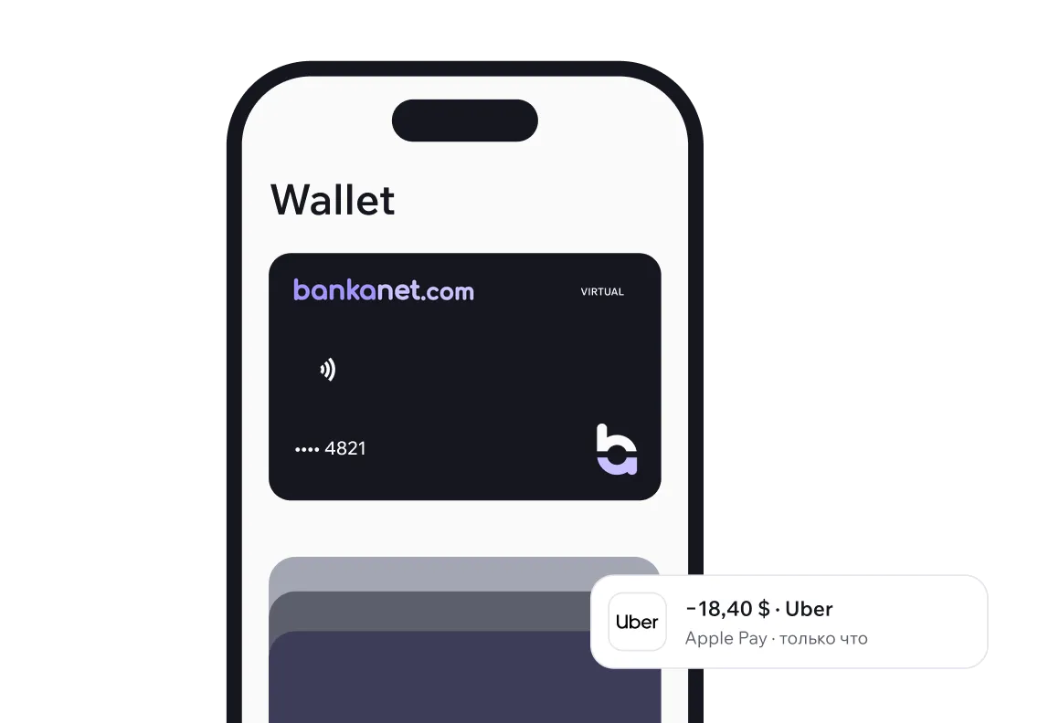 The bankanet card in Wallet and a −$18.40 Uber charge