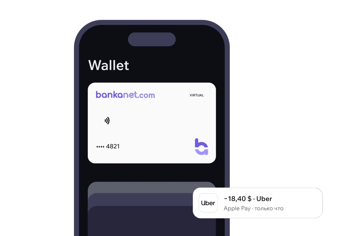 The bankanet card in Wallet and a −$18.40 Uber charge